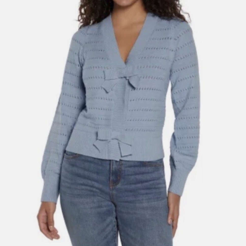 Express Bow Cardigan V-neck Puff Long Sleeve Pointelle Knit Pale Blue size XL